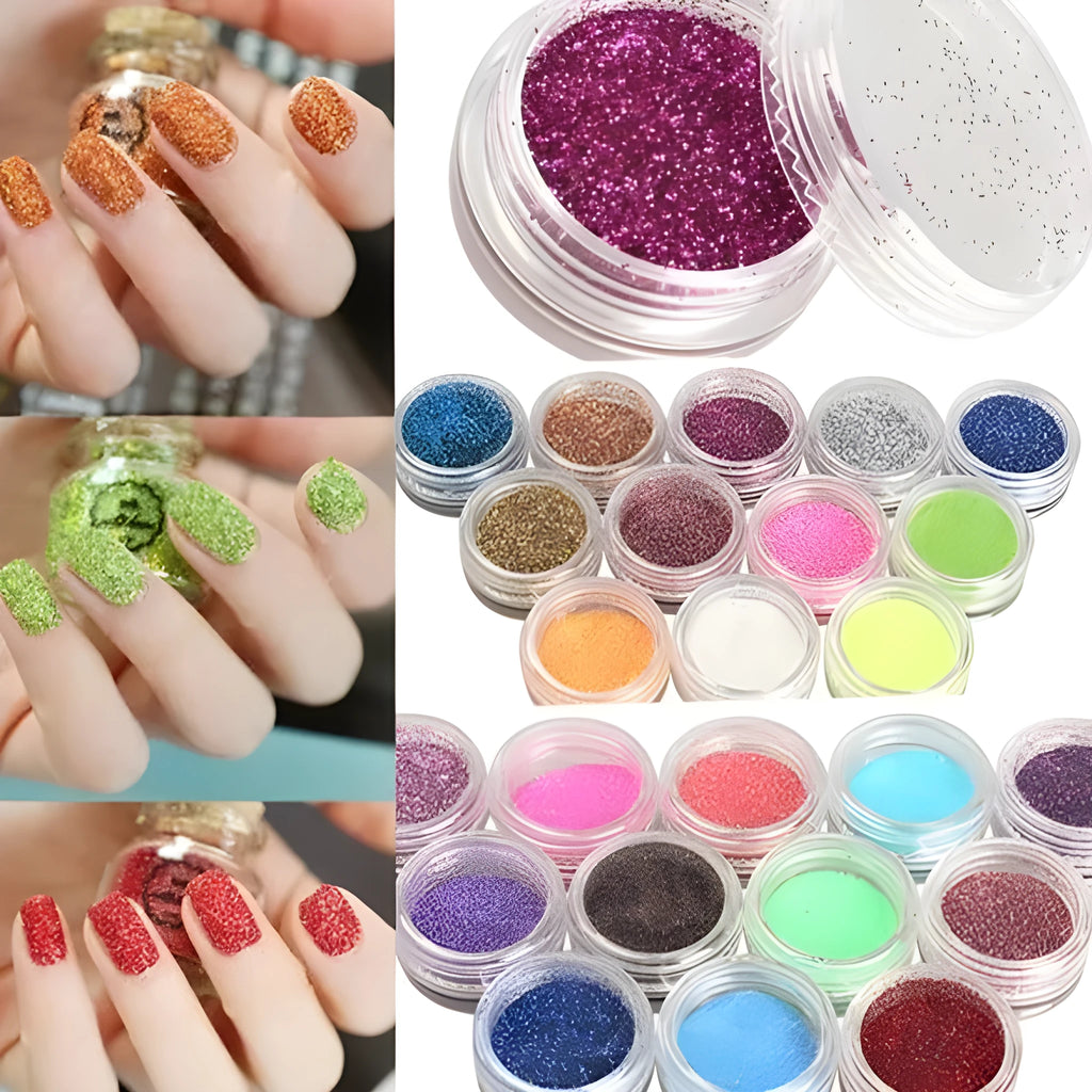 24-colour 3D nail art glitter set in clear box, 128.5g total weight