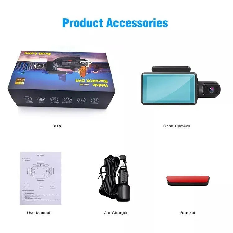 Black 3-inch dual lens car driving recorder with motion detection and WiFi