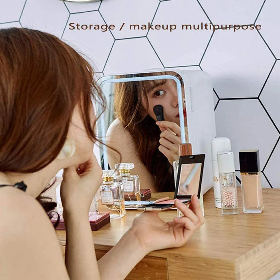 Mini makeup fridge in white with 22℃ to 65℃ cooler and warmer function, 12V and 220V power, removable shelf and 48W rating