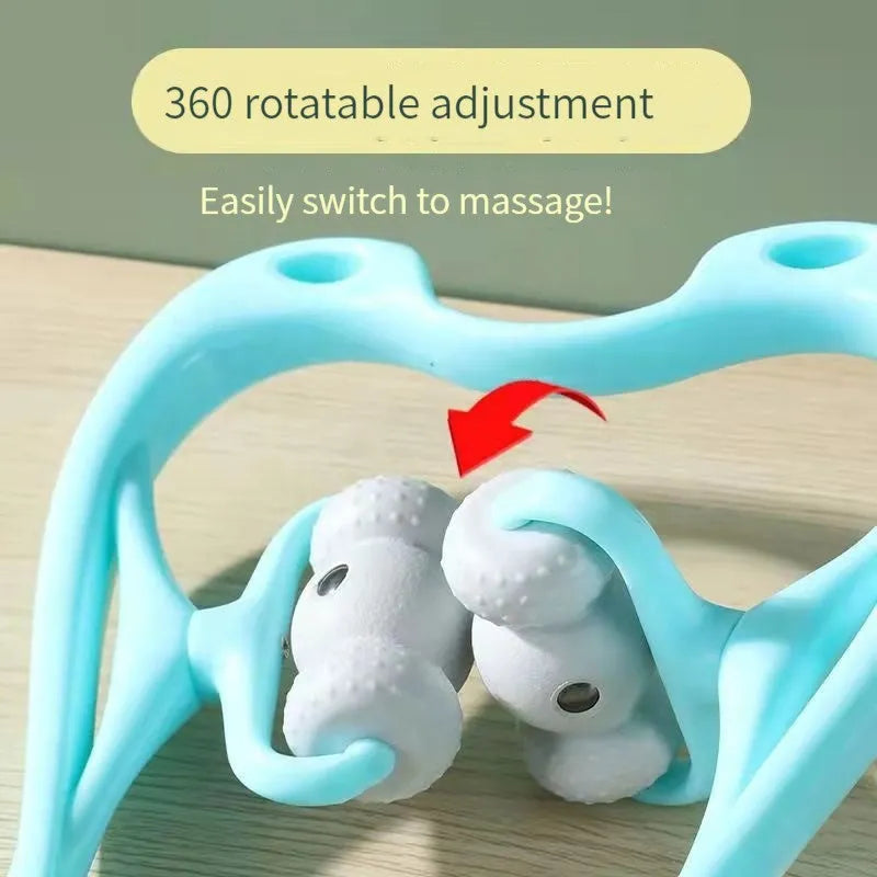 Blue handheld neck massager roller with 96 pressure points showing ergonomic curved design.