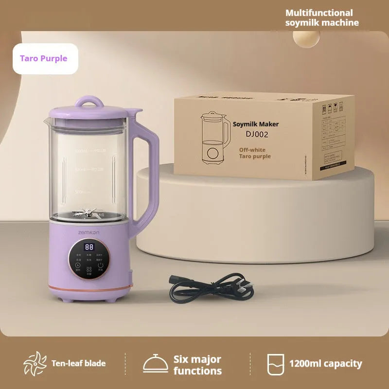 Milky white automatic cytoderm breaking soybean milk maker with glass body and touch control panel.