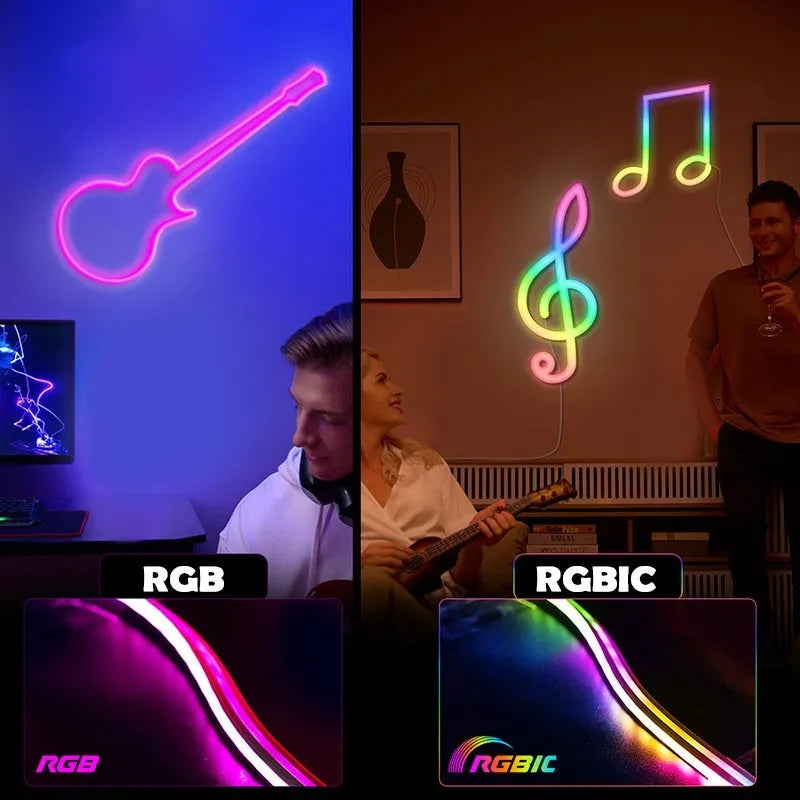 Colourful neon LED strip light with silicone bar, music sync remote, 72 5050 beads per metre, full colour, 5M roll indoor waterproof lighting