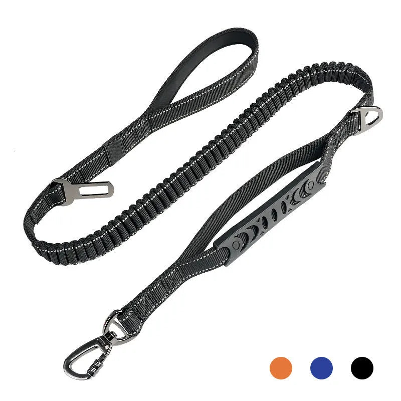 Large retractable dog walking lead with hand-holding grip and reflective safety strips in orange, khaki, or black.