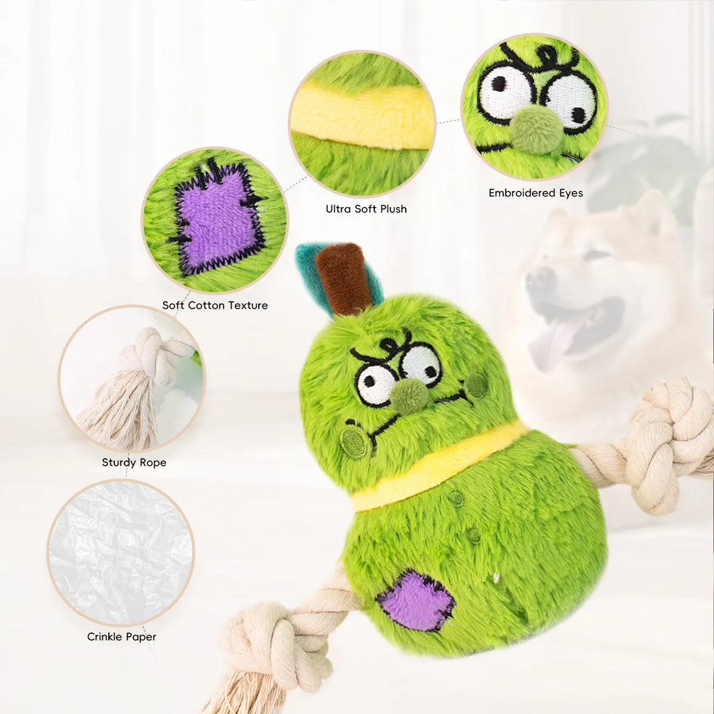 Green and purple interactive dog plush rope knot tug of war toy with bite-resistant design.