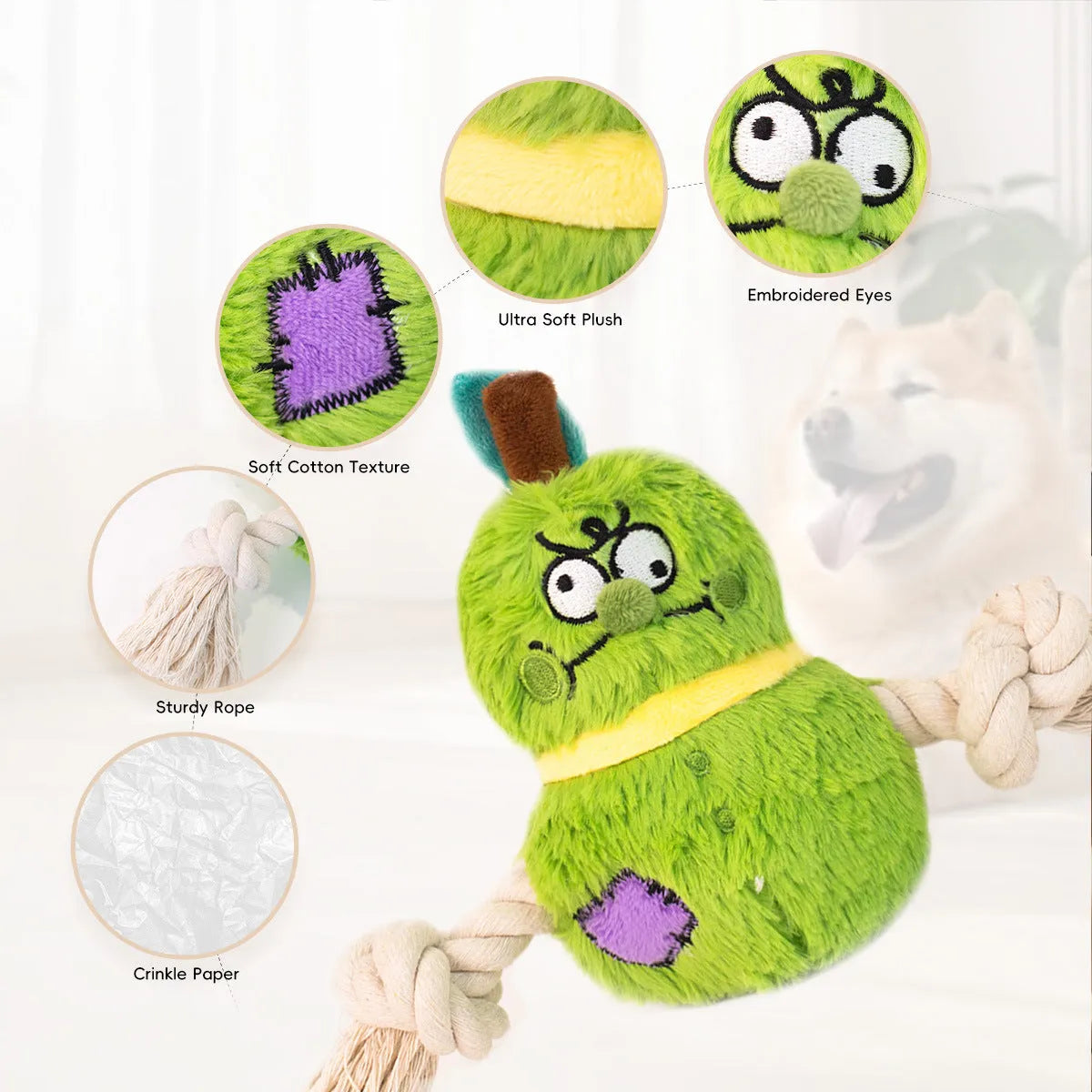 Green and purple interactive dog plush rope knot tug of war toy with bite-resistant design.