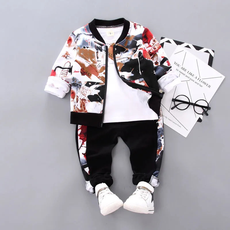 Boys three-piece Korean style black pants suit with long sleeves non-hooded soft fabric set