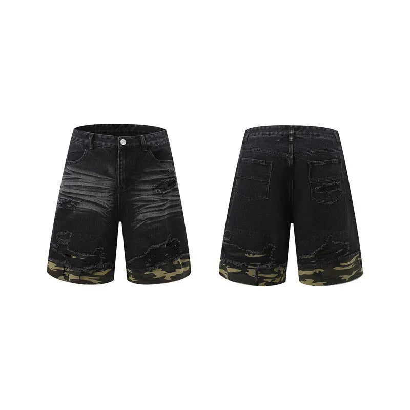 Leopard print denim short sleeve jacket and matching shorts set with raw cut edge stitching.