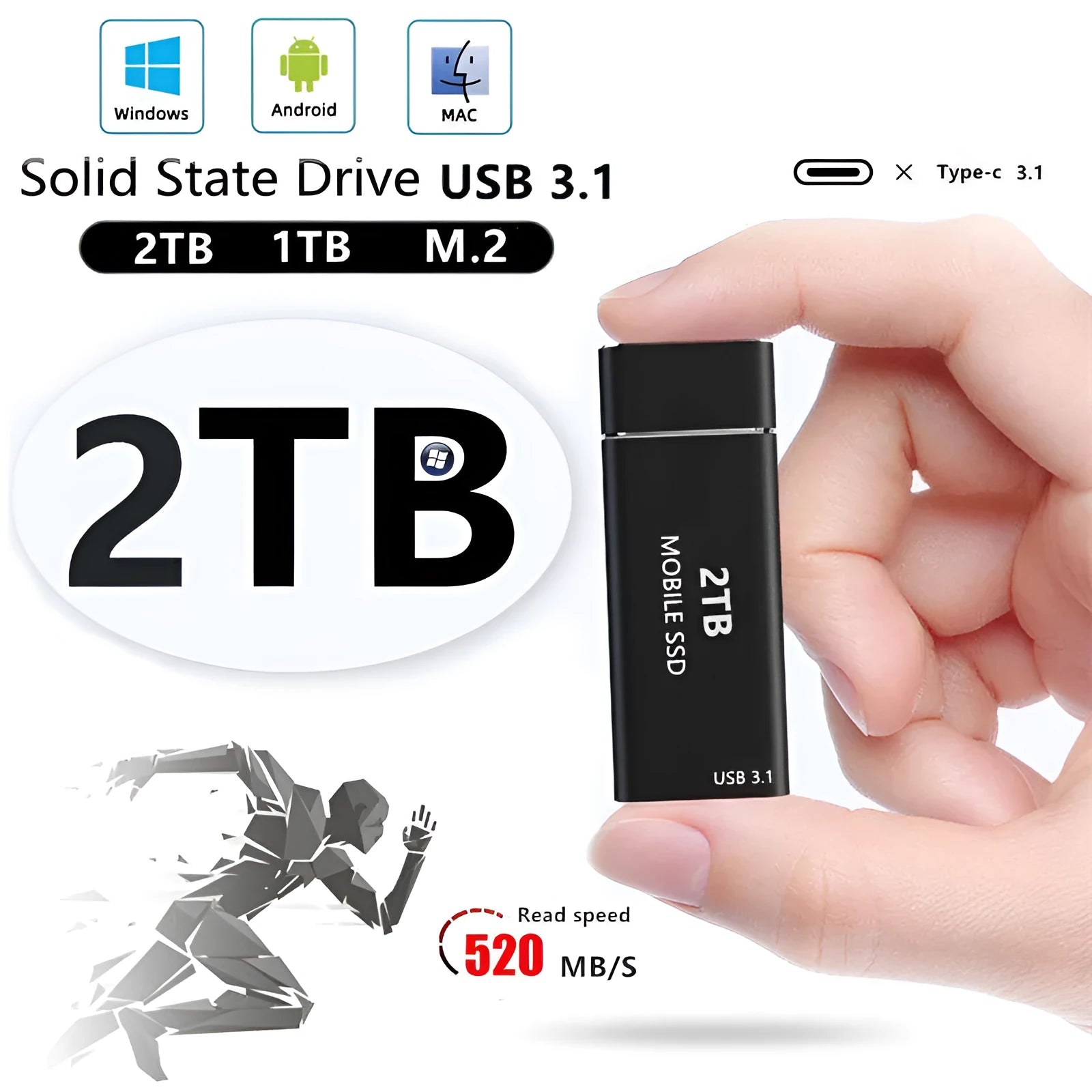 High-speed portable SSD with PCI-E interface, 1.8-inch TLC flash memory, 7mm thickness, in black
