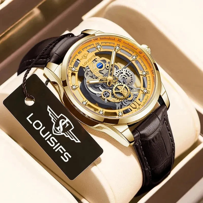 Swiss quartz men's business watch with a hollow metal case and brown leather strap.
