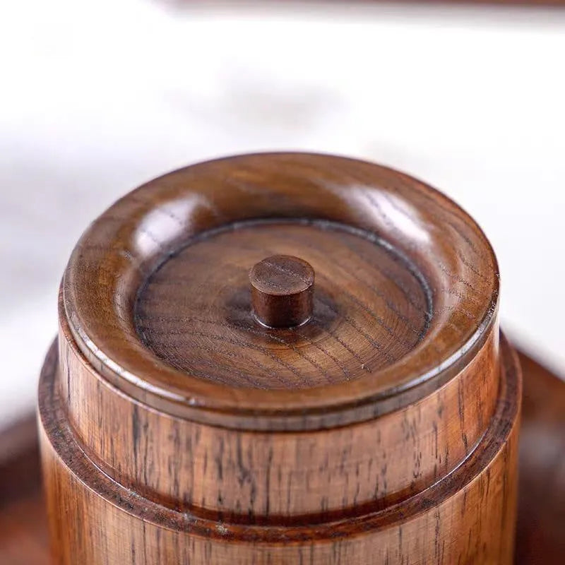 Wood texture tea canister with offset printing, 7.5cm diameter and 12cm height, brown finish