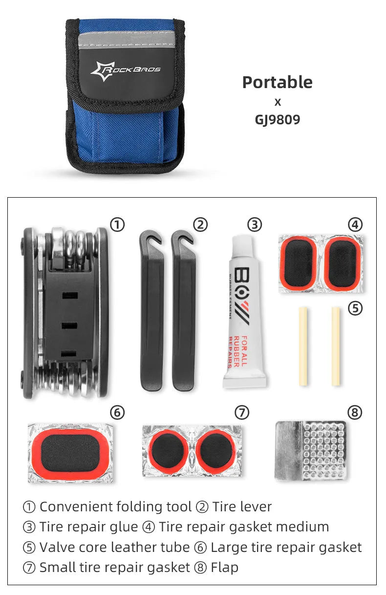 Bicycle tire repair kit in frame-mounted bag on bike upper tube with multicolour design