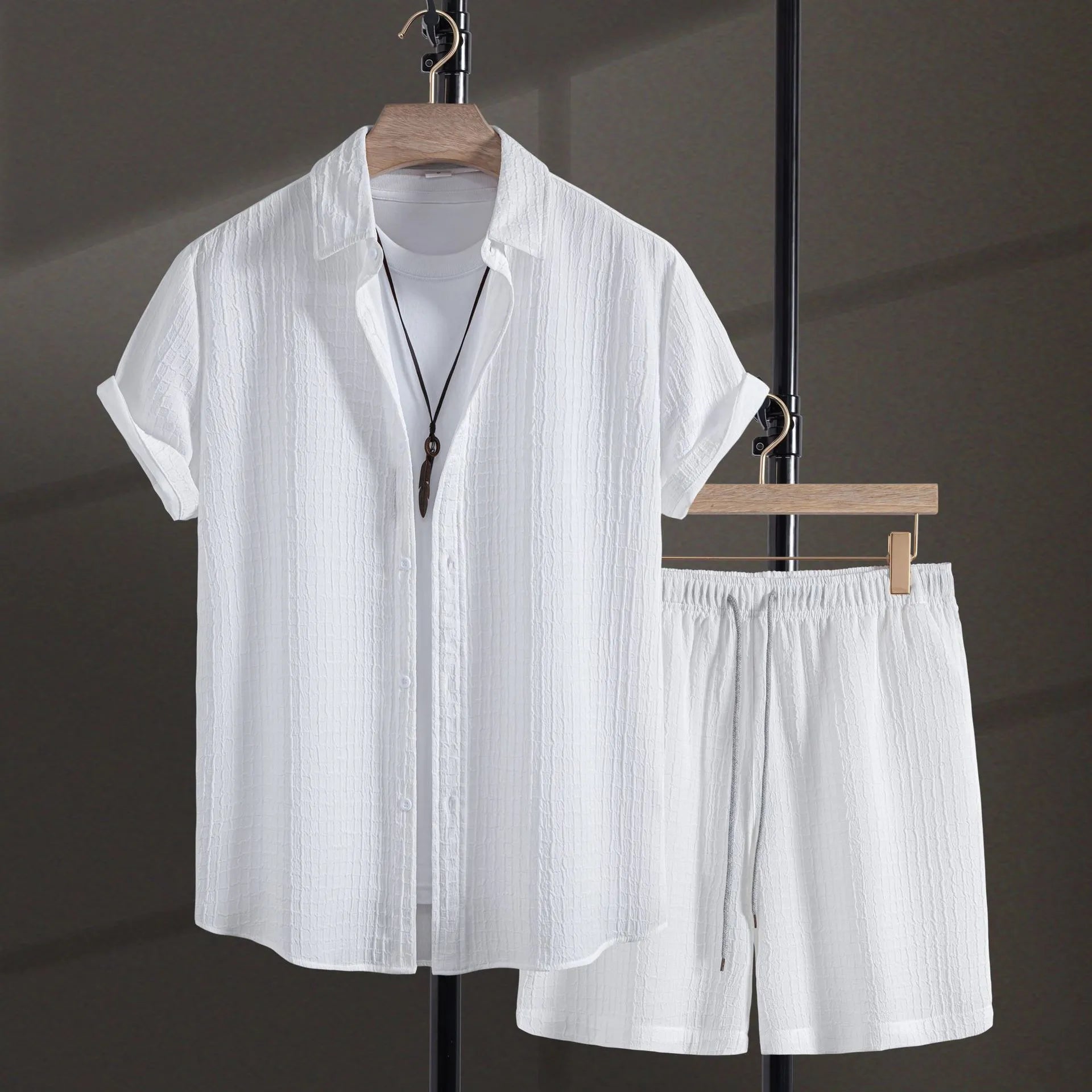 Men's white jacquard short sleeve shirt and shorts casual suit set laid flat