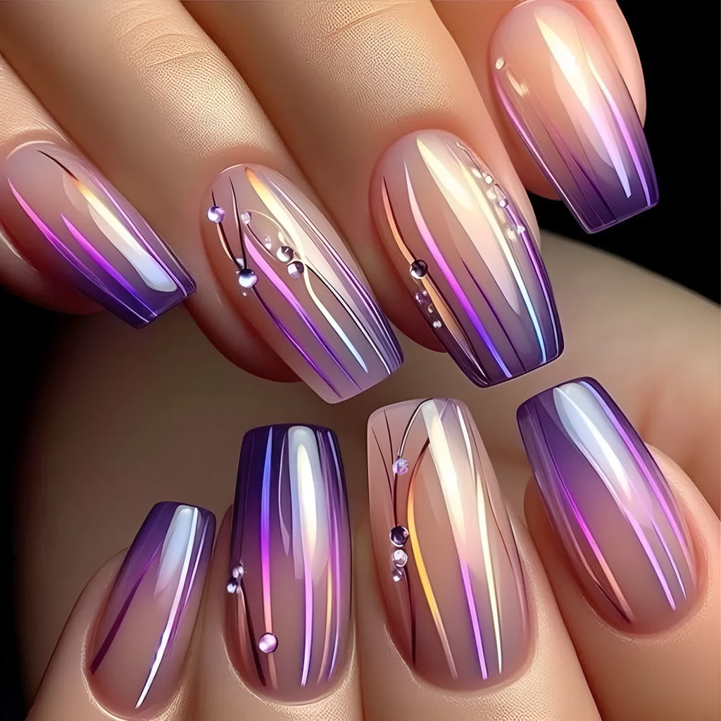 Magic purple gradient nail stickers with starry sky pattern and jelly glue