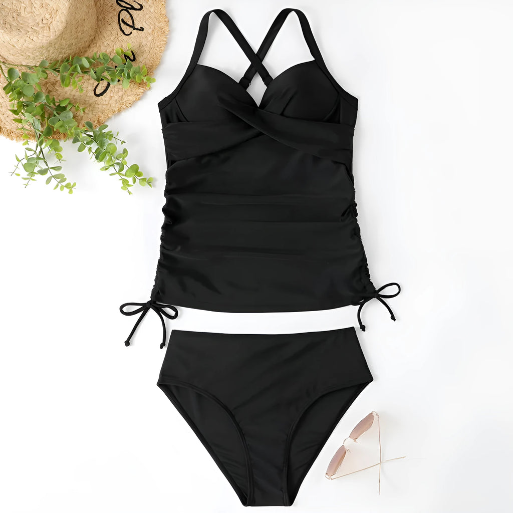 Women's black and leopard print separated bikini set with high-waist briefs.