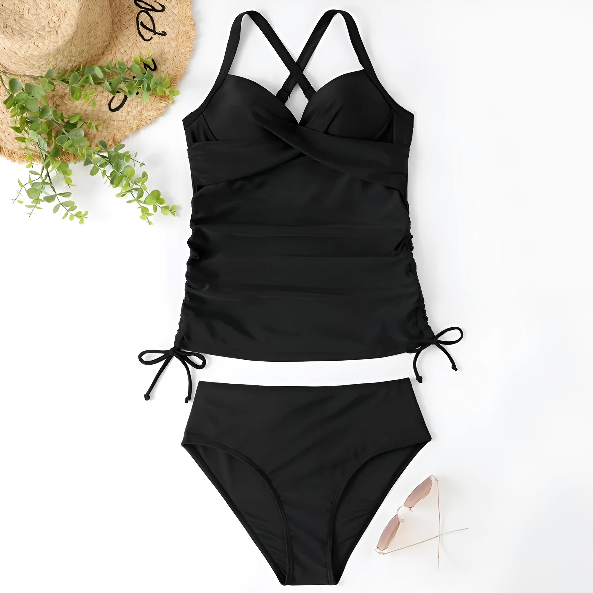 Women's black and leopard print separated bikini set with high-waist briefs.