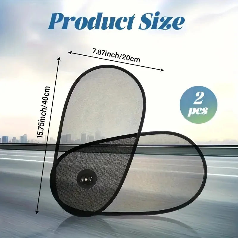 Black breathable car side window shade stretched over glass, showing suction cups and mesh texture.