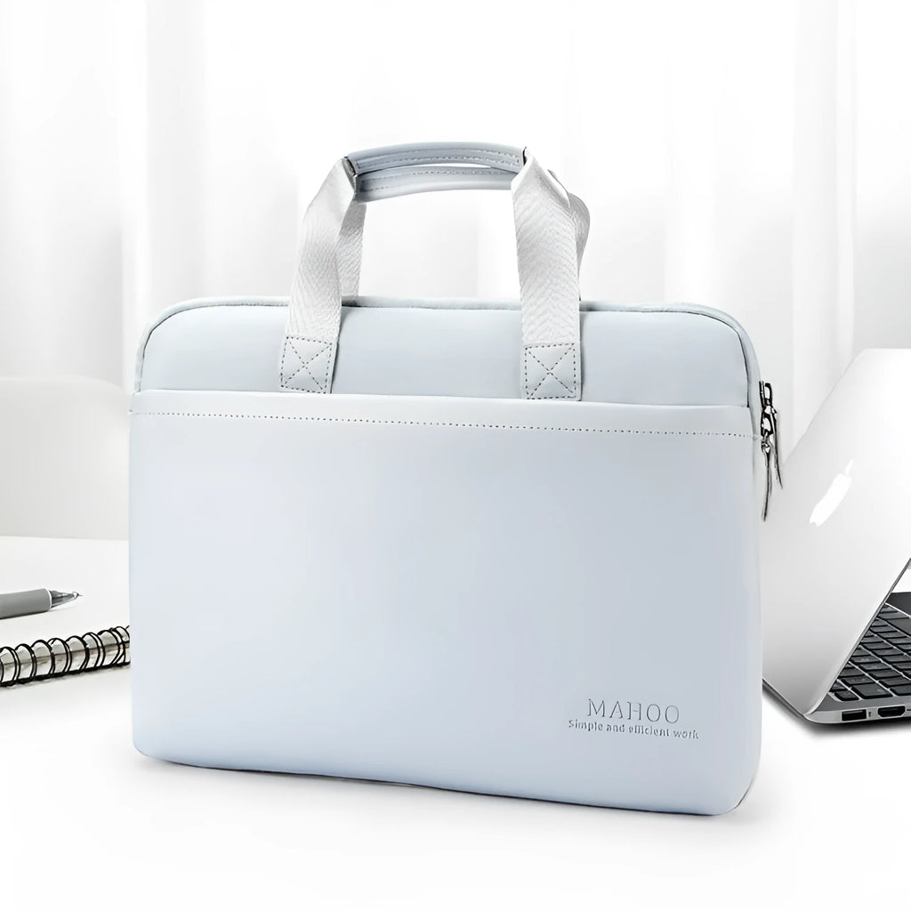 Beige PU leather laptop bag for MacBook Pro 15.6 inch with zipper closure and soft handle