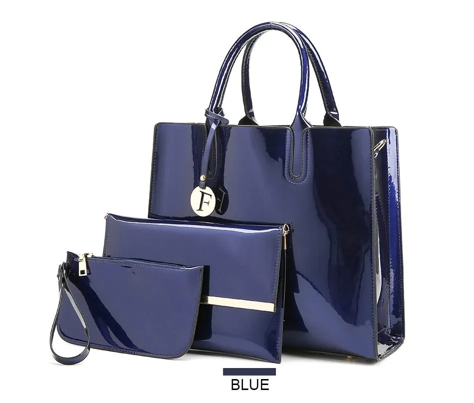 Three soft patent leather handbags in solid colours for women, shoulder and crossbody style with zipper closure