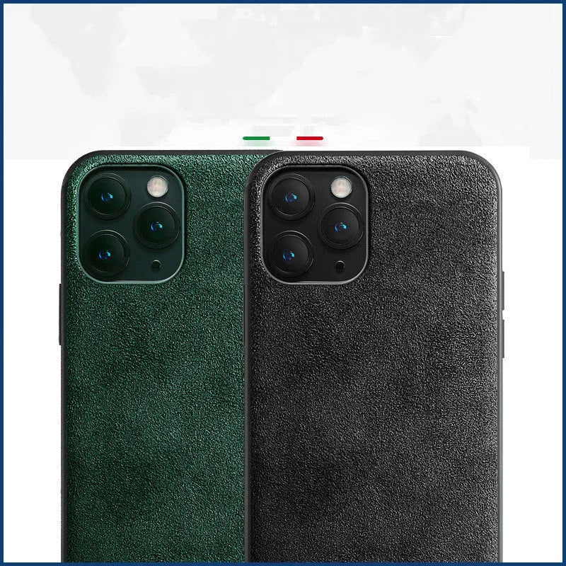 Suede back cover phone case for iPhone in elegant black, dark night green, and dark blue.