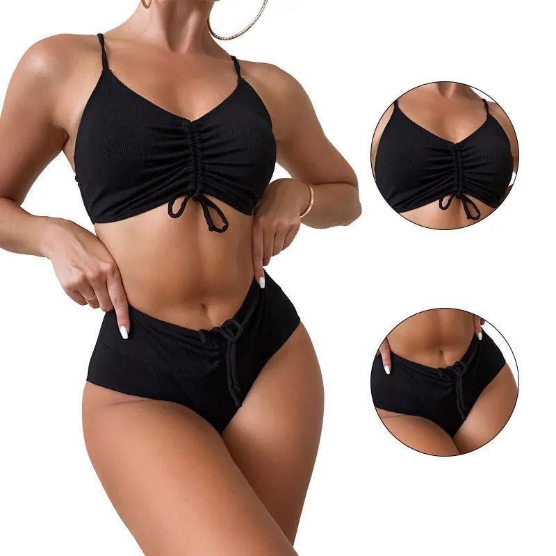 Black women's high waist bikini swimsuit with sling split design and sleeveless cut