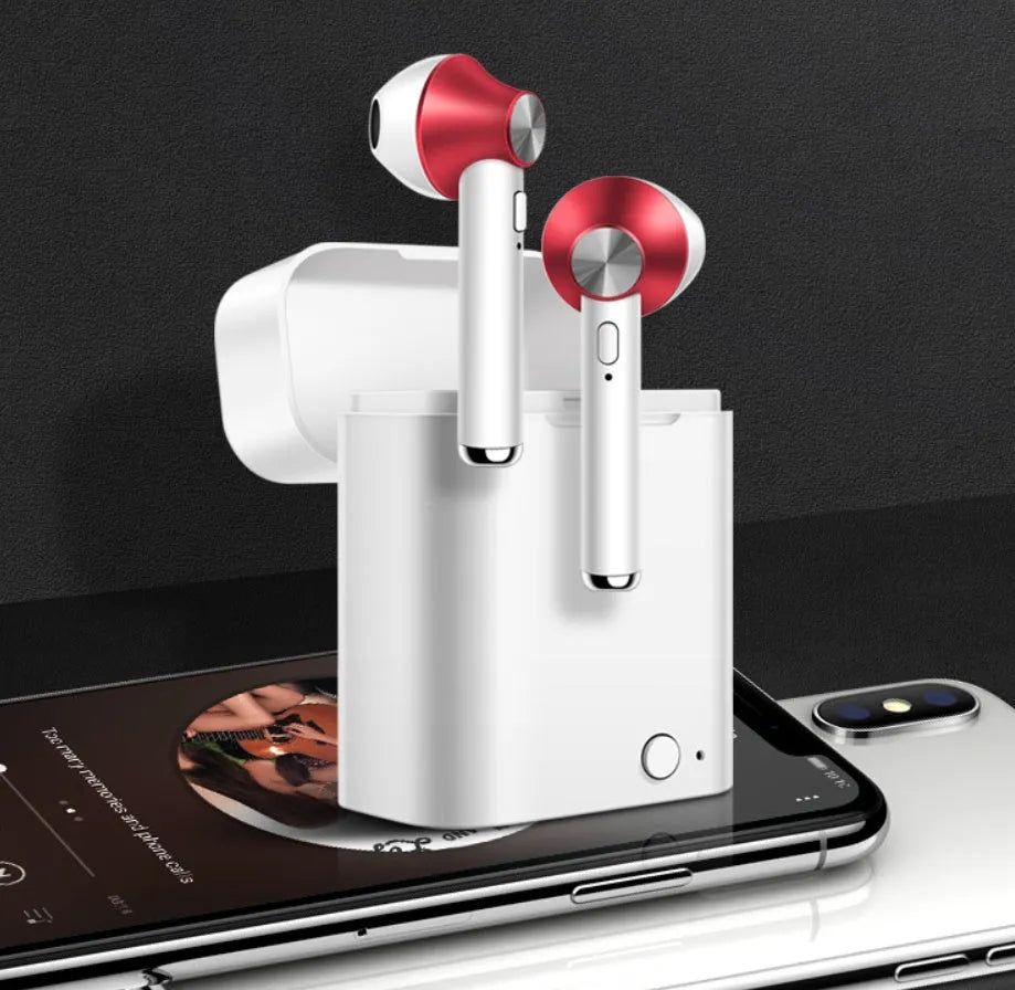 Wireless sports Bluetooth earbuds showing multiple colour options with 10-metre range