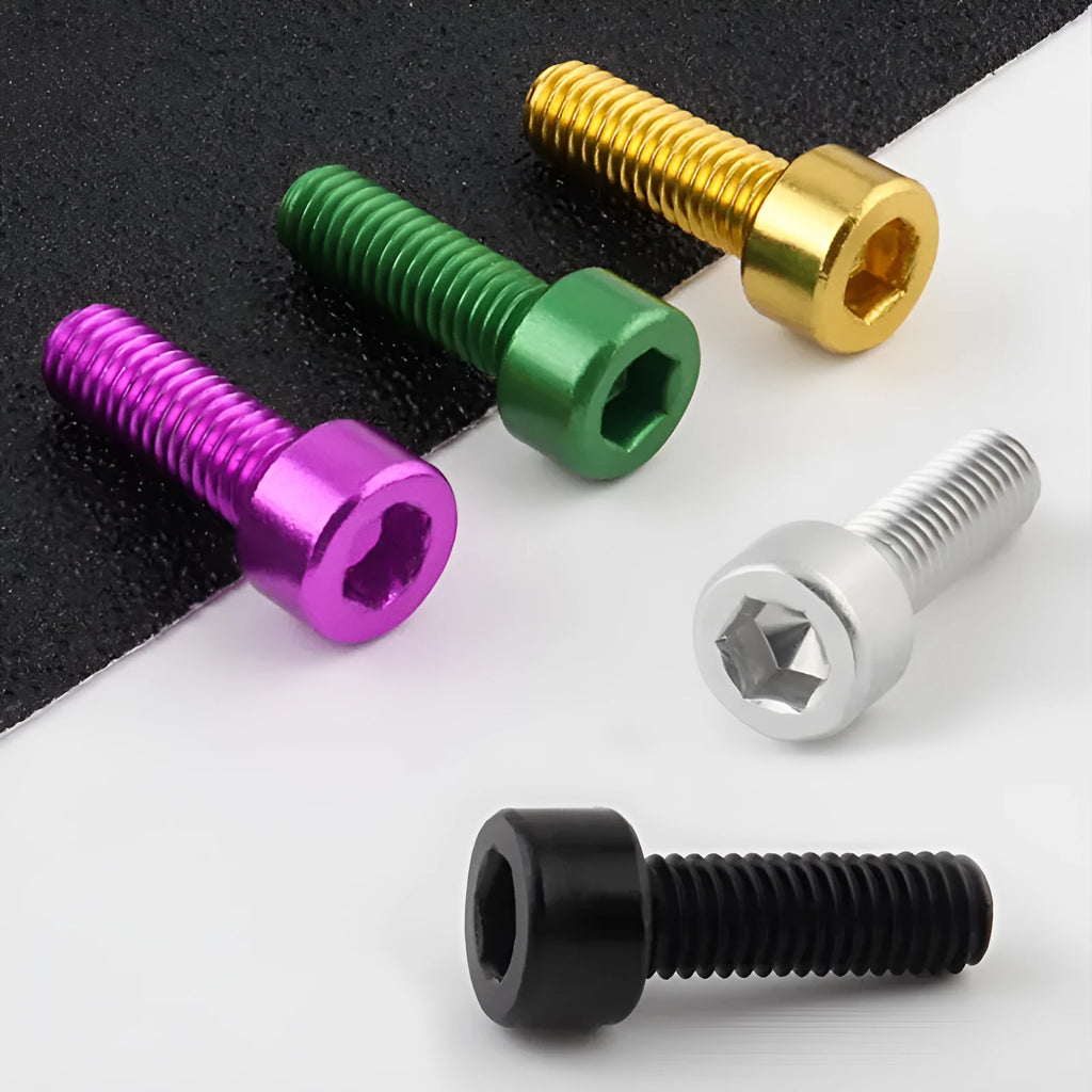 Metal bicycle water bottle holder screw for MUQZI cages, shown in yellow, red, purple, green, blue, black and silver.
