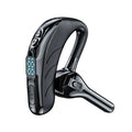 Battery display wireless Bluetooth headset ear mounted in black with charging port visible