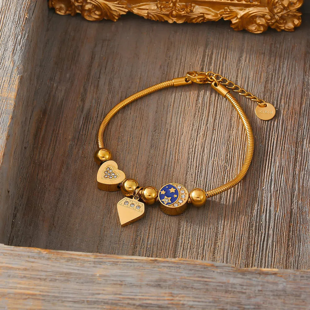 Gold stainless steel heart-shaped chain bracelet for women with drop oil finish geometric style