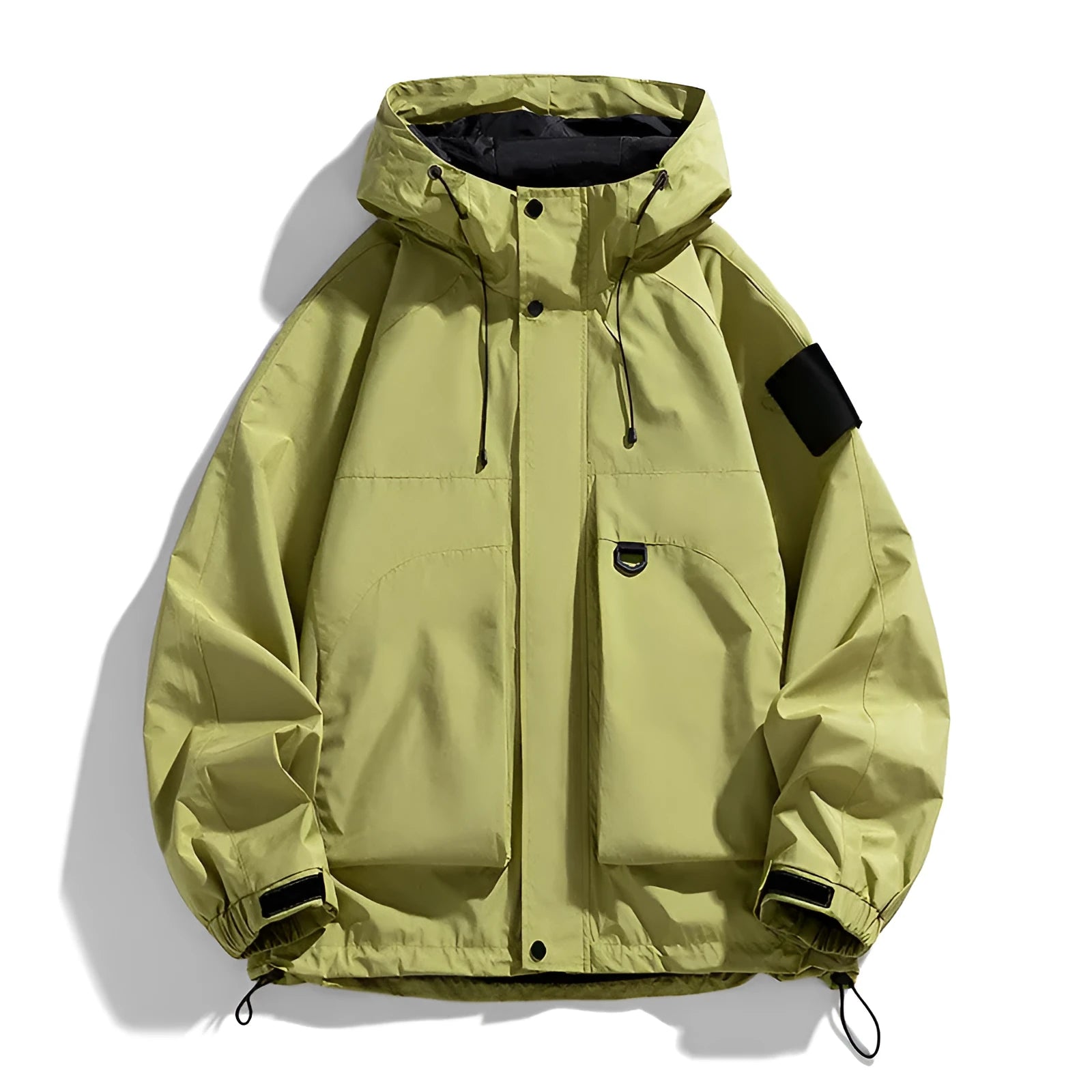 Men's hooded waterproof windproof jacket in black, ginger yellow, or purple, available in multiple sizes.