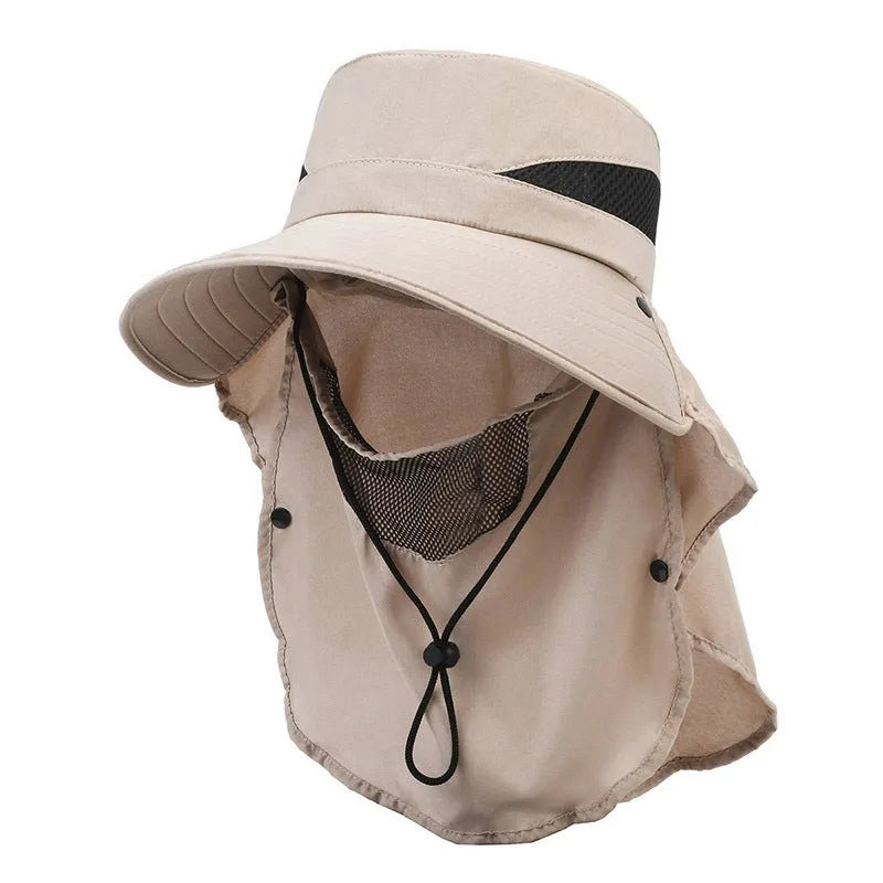 Men's khaki fisherman hat with wide brim and adjustable drawstring cord for sun protection.