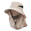 Men's khaki fisherman hat with wide brim and adjustable drawstring cord for sun protection.