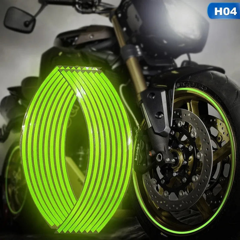 Green reflective PVC motorcycle wheel rim sticker on a 12-inch rim broken-section design