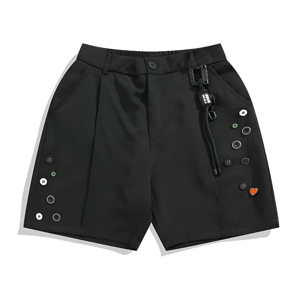 Man wearing black semi-elastic loose-fit shorts with a colour button fastening and zipper fly
