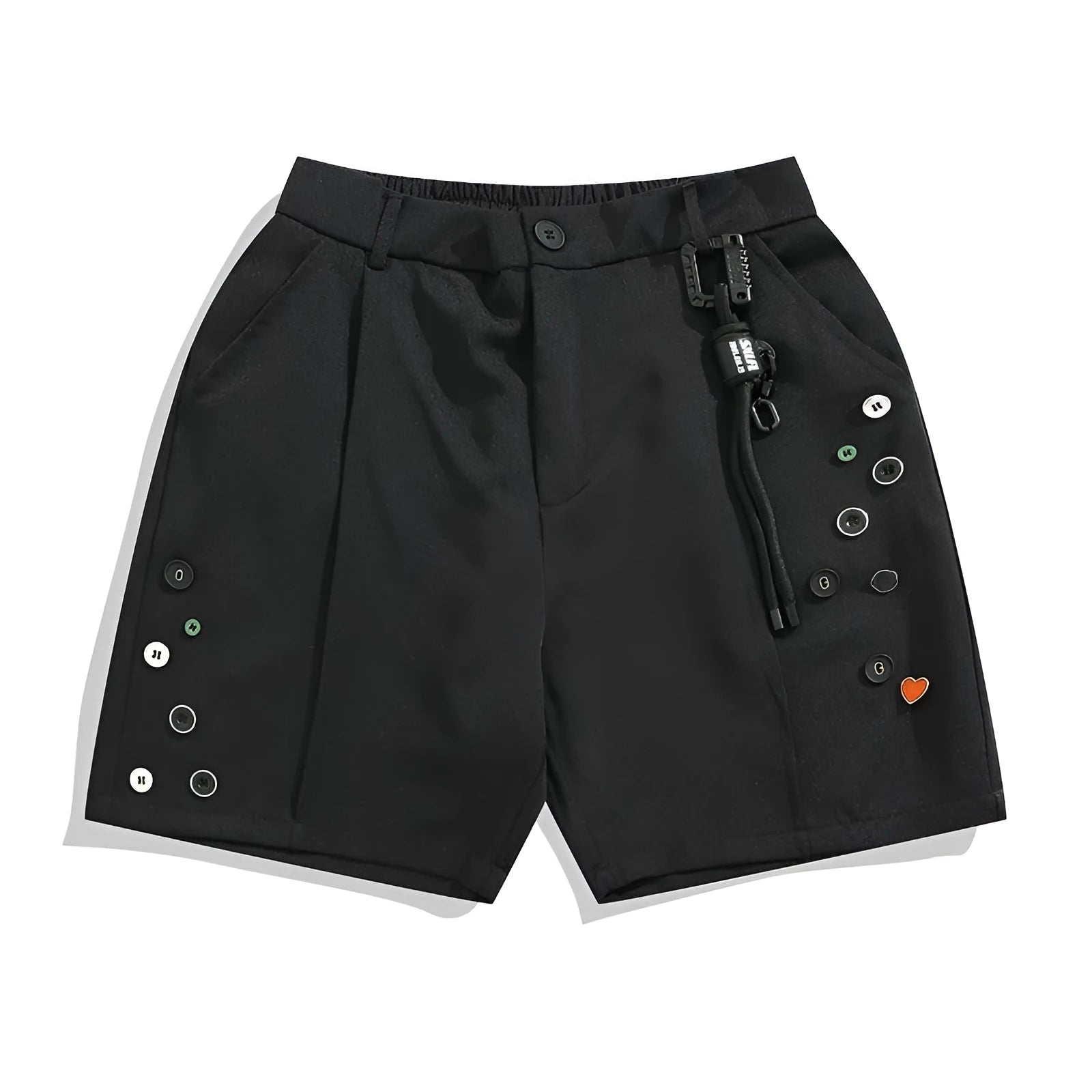 Man wearing black semi-elastic loose-fit shorts with a colour button fastening and zipper fly