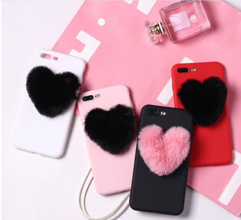 3D furry love hearts PU phone case for iPhone in Pink, back cover with textured hearts design