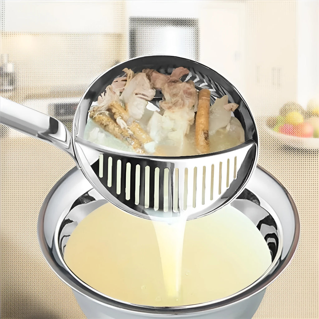 Stainless steel detachable colander spoon with large strainer head on white background