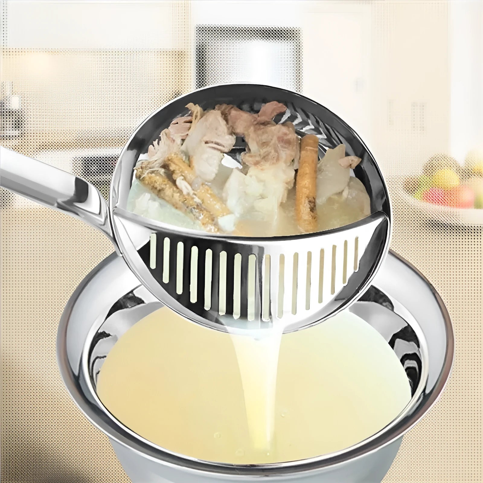 Stainless steel detachable colander spoon with large strainer head on white background