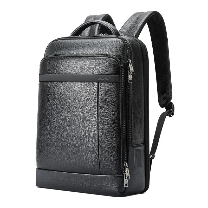 Black genuine cowhide leather business commuter backpack with USB port and curved shoulder straps.
