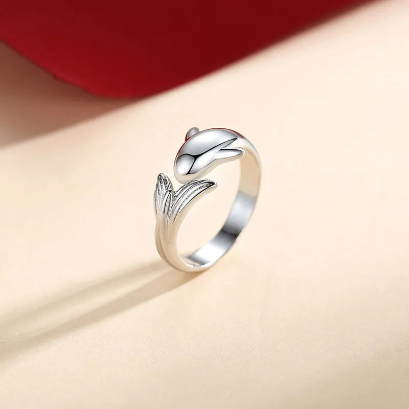 Simple copper couple ring set with diamond inlay and dolphin design, adjustable opening for men and women