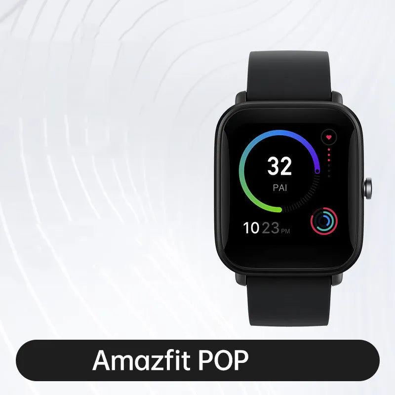 Amazfit smart watch with colour screen on a silicone strap, showing blood oxygen and GPS tracking.