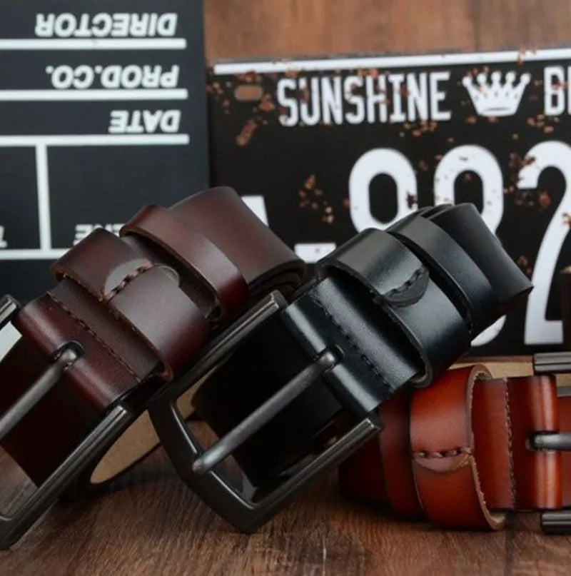 Men's two-layer cowhide leather belt with square alloy pin buckle in black finish