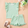 Girls' solid colour summer suit with flounced sleeves and shorts in knitted polyester for children 80-120cm