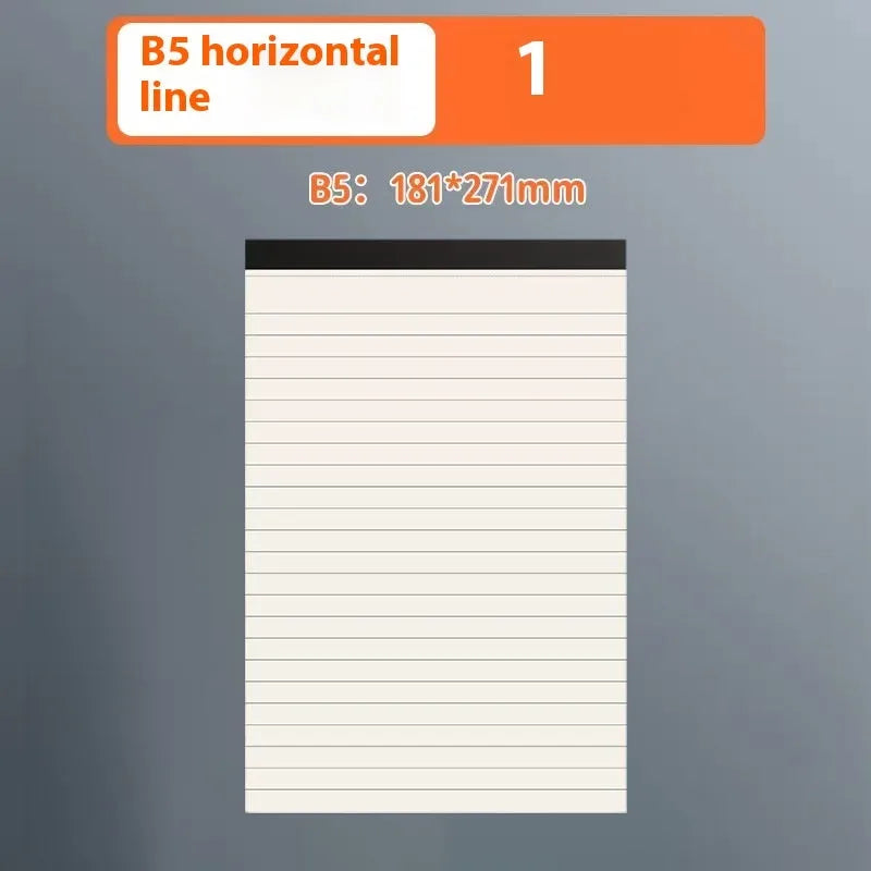 Set of A5, B5 and A4 writing pads showing blank, grid and horizontal line page styles.