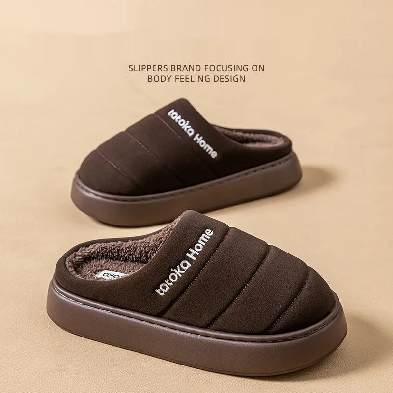 Waterproof plush cotton slippers with non-slip EVA sole and artificial wool lining, unisex adults