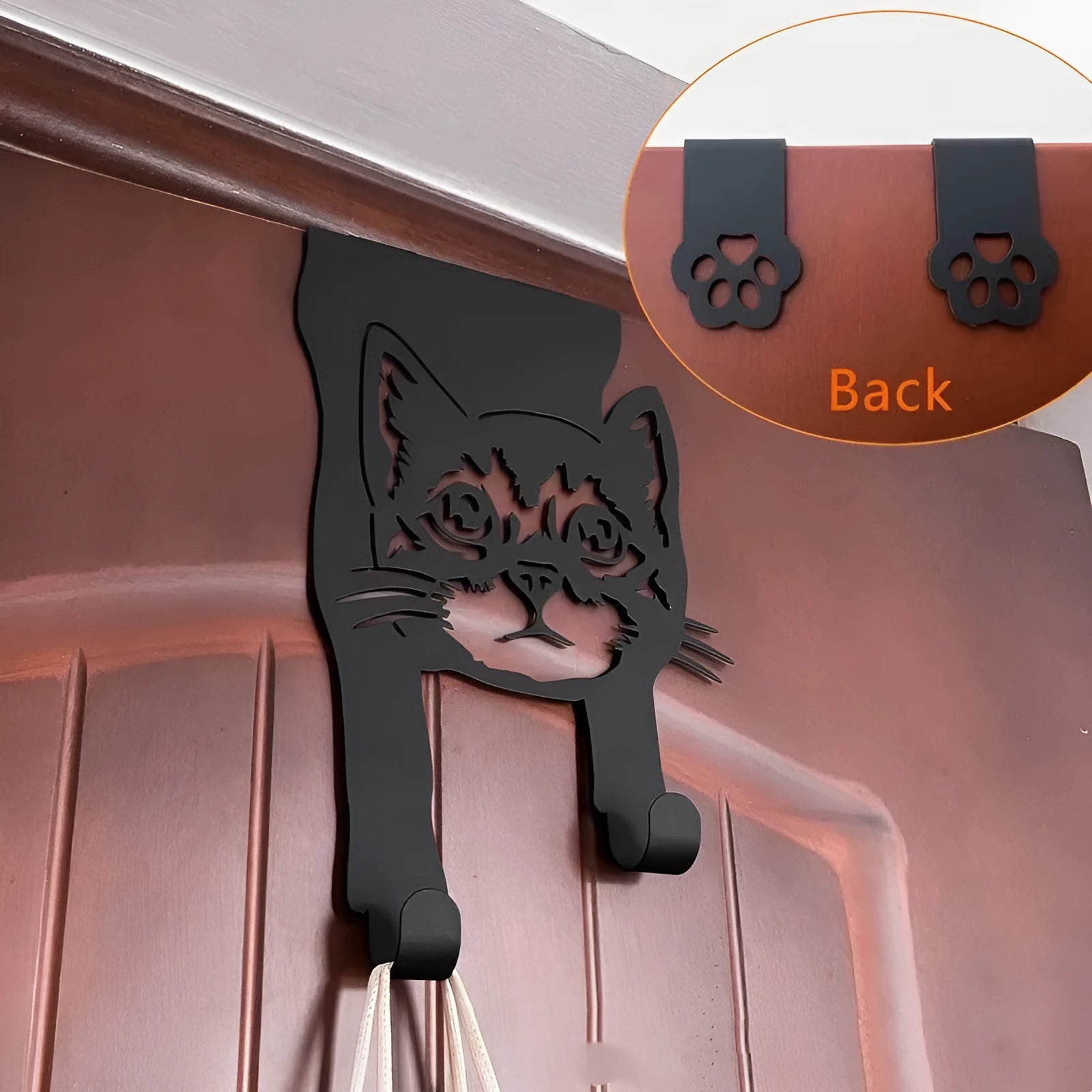Black iron cat-shaped wall hook with punch-free mounting system