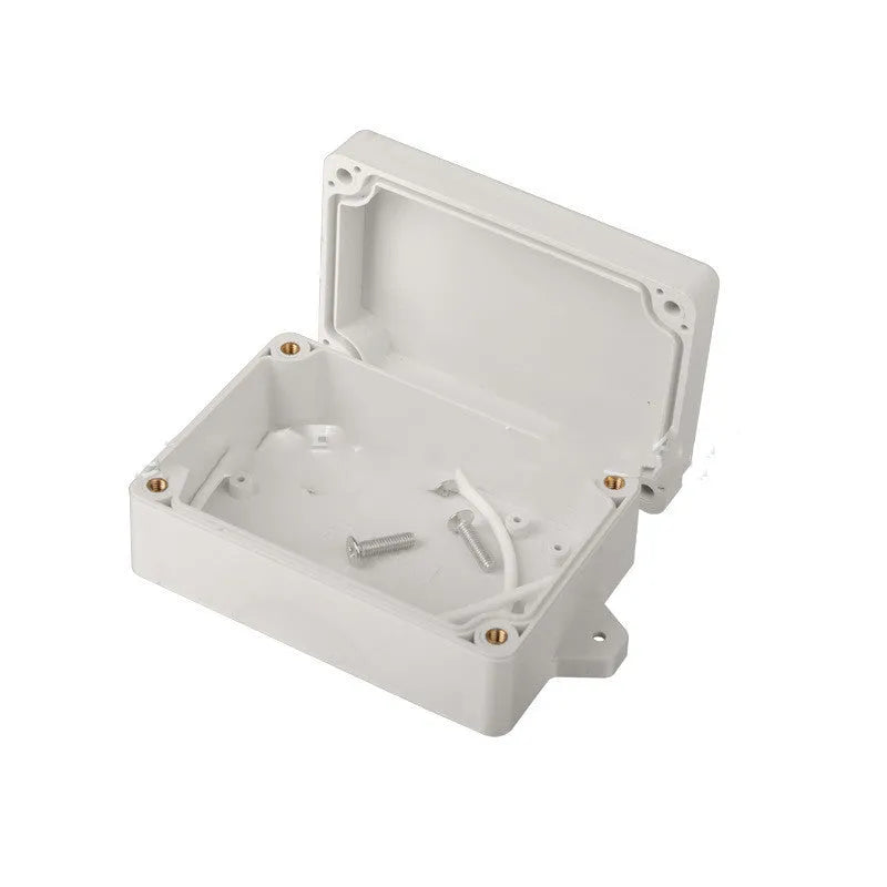 White ABS plastic waterproof instrument box for electronics, showing front view and dimensions.