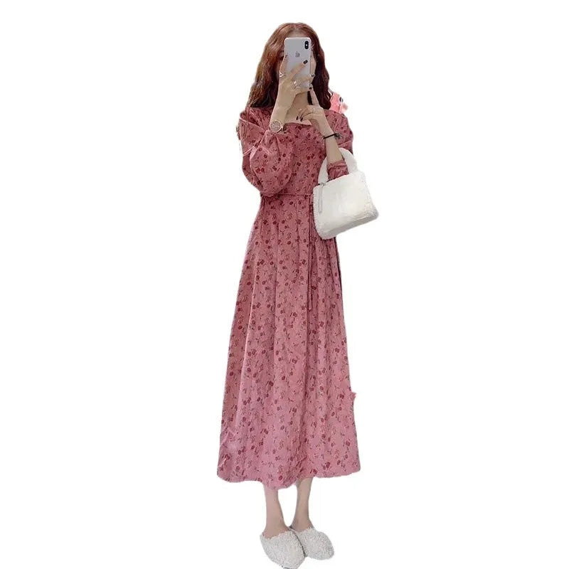 Red knitted cotton midi dress with elastic waist and 3/4 princess sleeves.