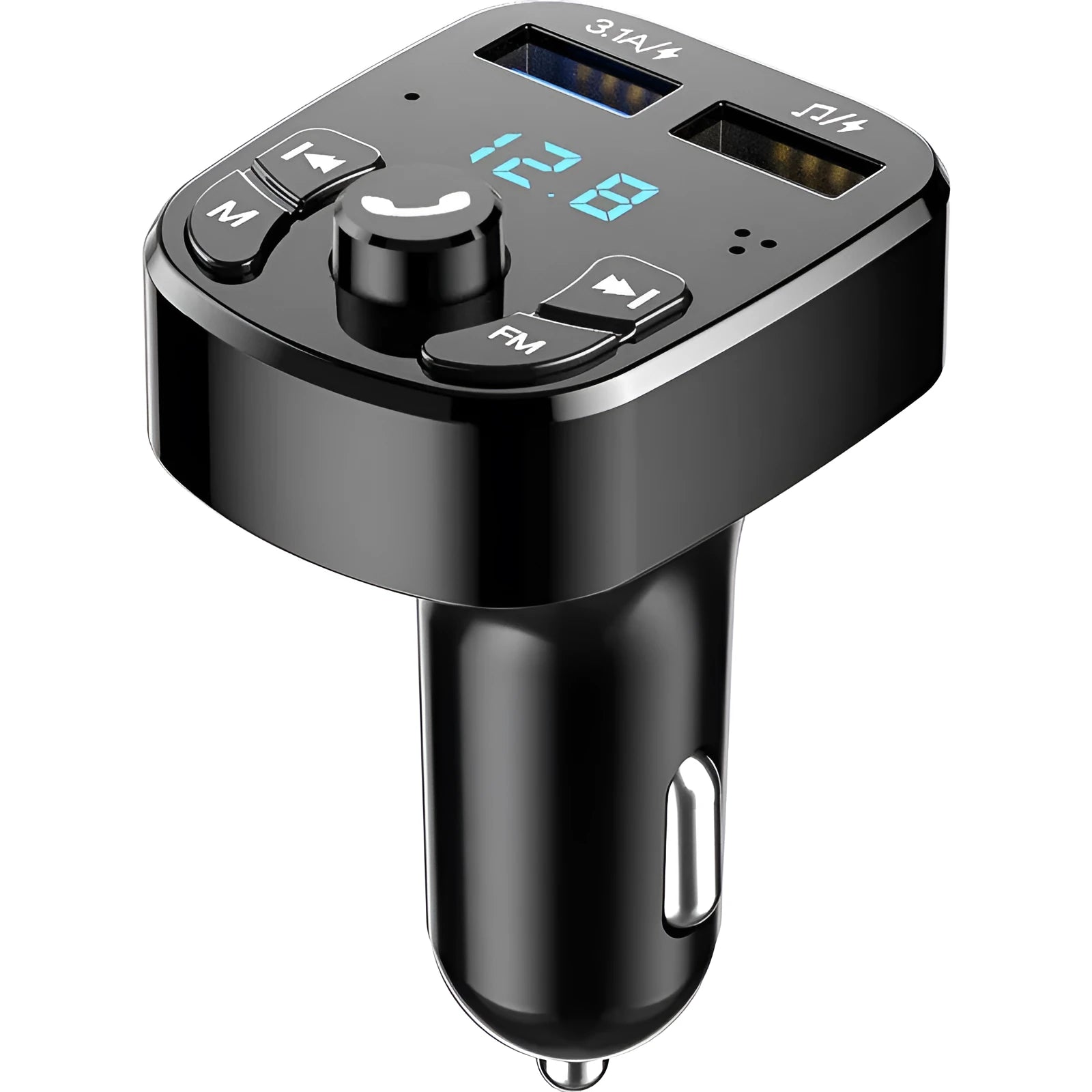 Car MP3 player Bluetooth 5.0 FM transmitter with blue digital display and dual USB ports for 12V-24V vehicles