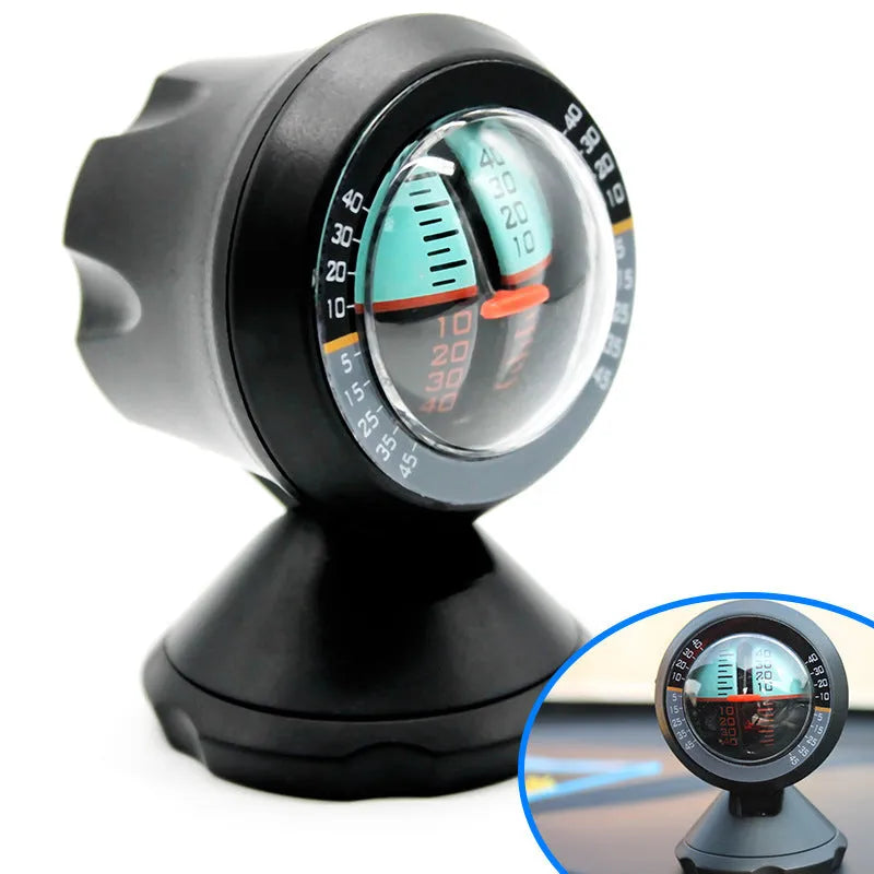 Black vehicle mounted slope meter for measuring car inclination and elevation angles on dashboard.