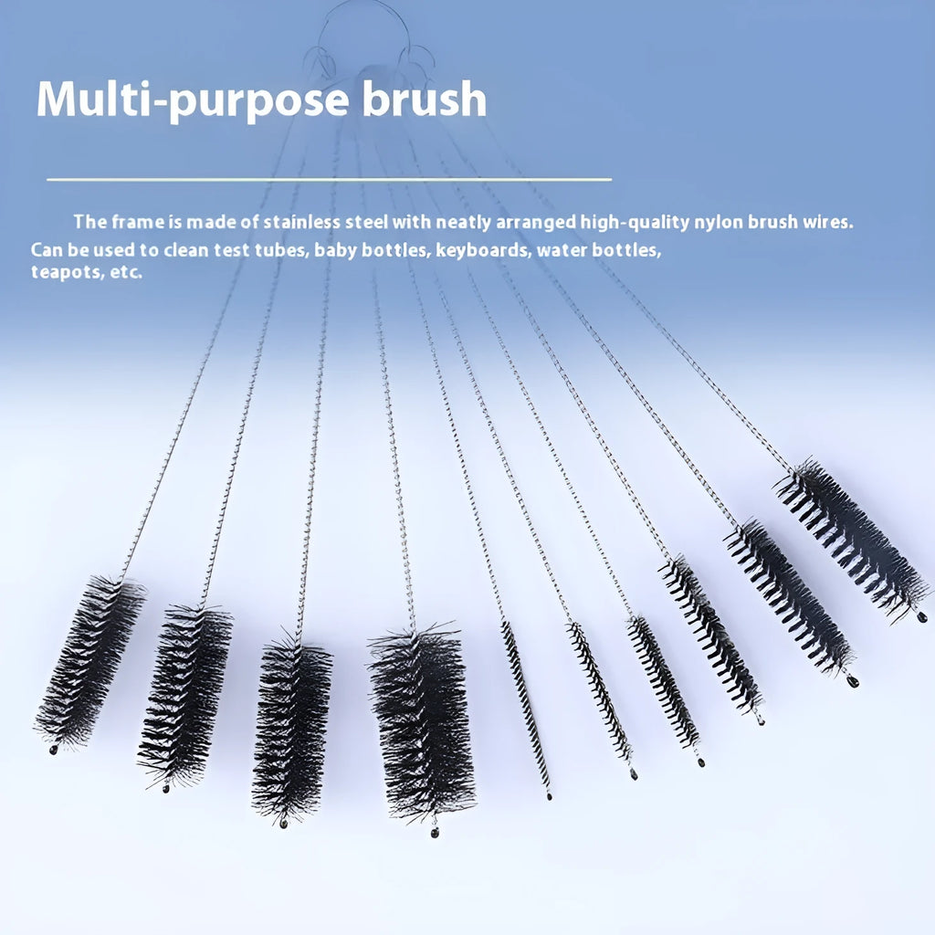 Set of stainless steel handled cleaning brushes with nylon bristles for straws and bottles.
